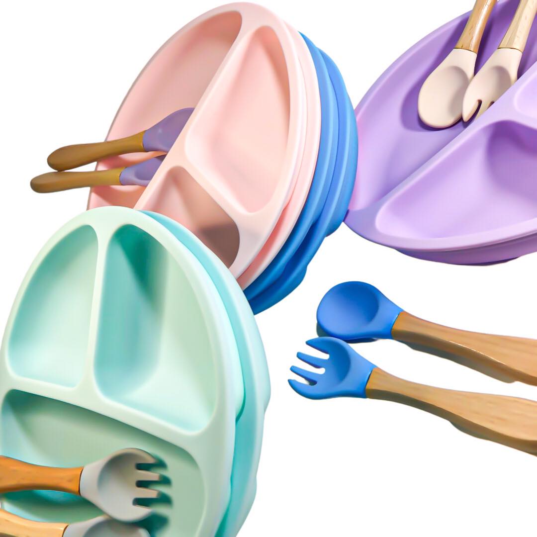 Colorful stacking plates with grip bottom. Sectional silicone plates for babies and toddlers