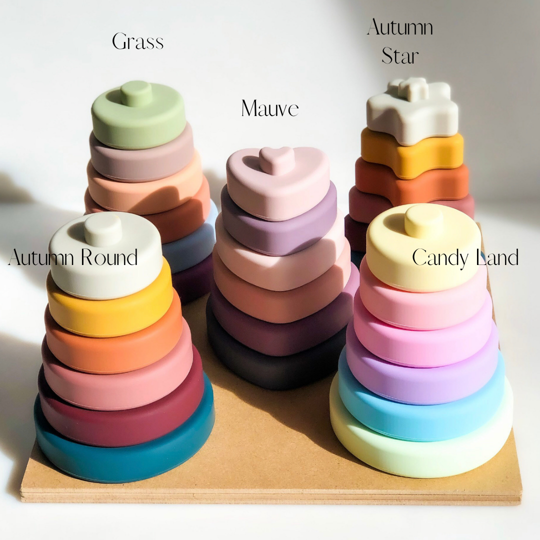 Silicone stacking tower toy. Chewable and stackable rings to help your baby develop motor skills toy