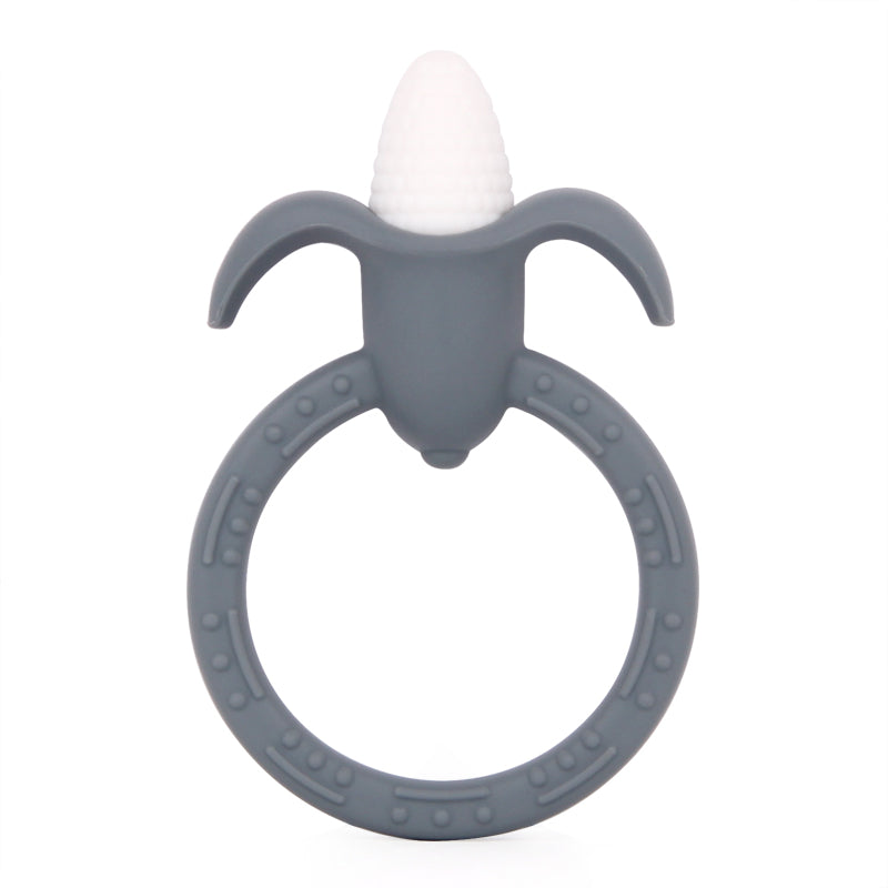Silicone baby teether. Ridges and grip for teething babies to relief babies from growing pains of their gums and teeth. Various teethers available in blue, pink, and grey