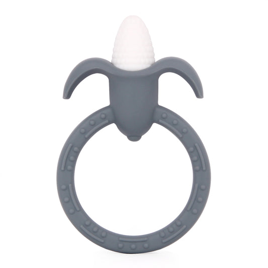 Silicone baby teether. Ridges and grip for teething babies to relief babies from growing pains of their gums and teeth. Various teethers available in blue, pink, and grey